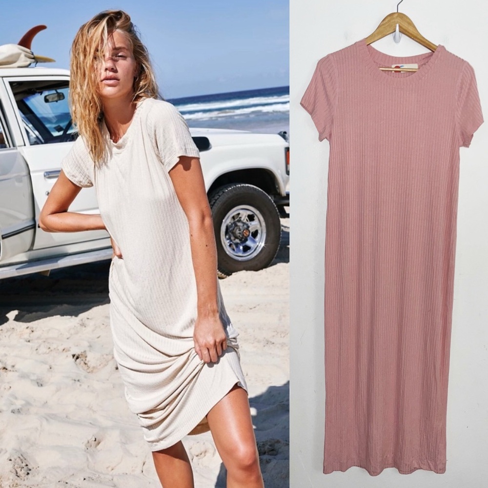 NWT Free People Beach Simone Jenner Tee Dress Sz L Rose Pink Ribbed Lightweight